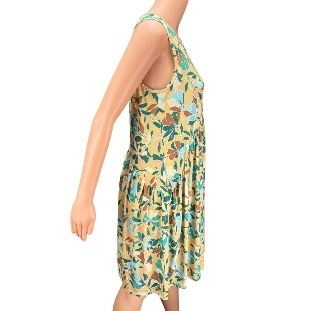 BOMBOM Yellow Green Floral Leaf Print Babydoll Dress Small DA1408 USA Made - Picture 7 of 10